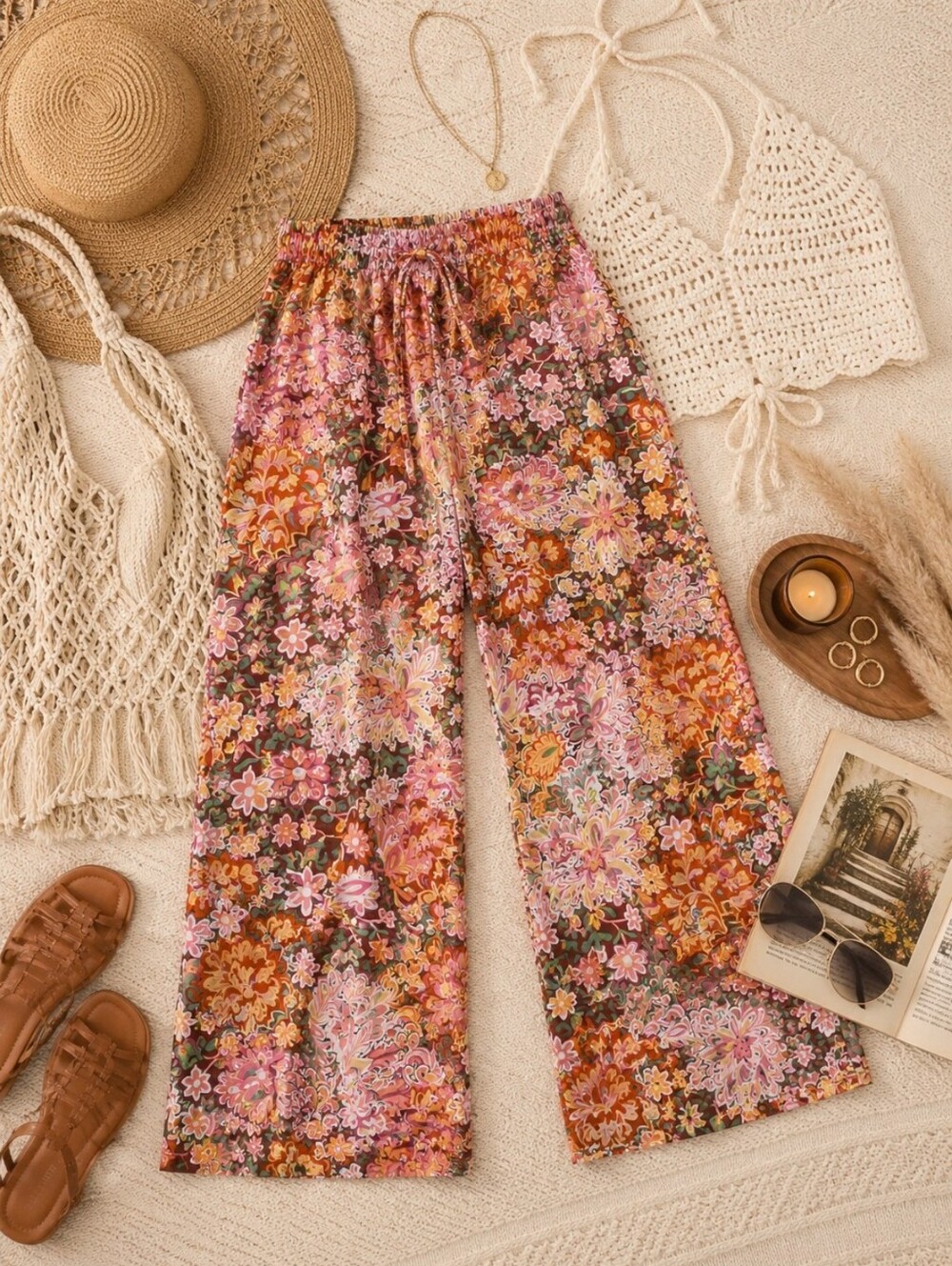 DEX Boho Wide Leg Floral Pants Medallion Resort Vacation NWT Small - Picture 2 of 10